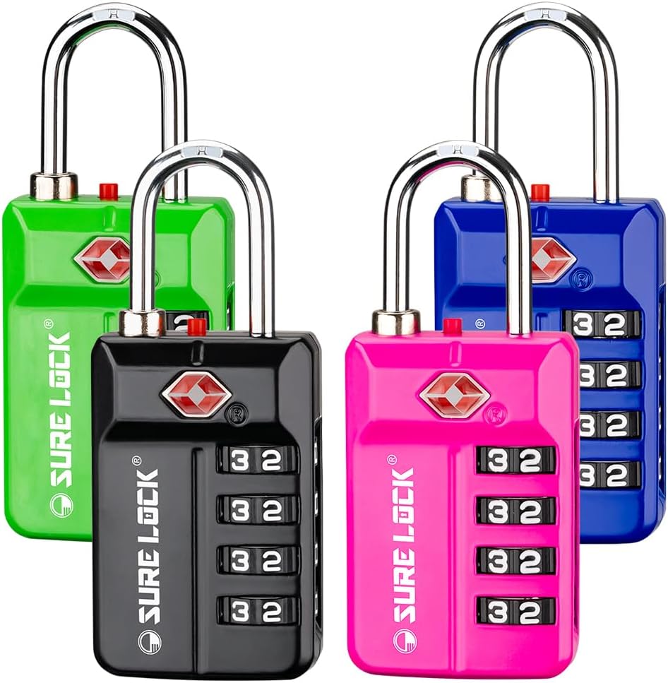 SURE LOCK TSA Approved 4-Digit Resettable Combination Luggage Lock with Open Alert, Easy-Read Dials - for Luggage, School Lockers, Gym, Office, Toolbox & Security Cases (Black 1 Pack)