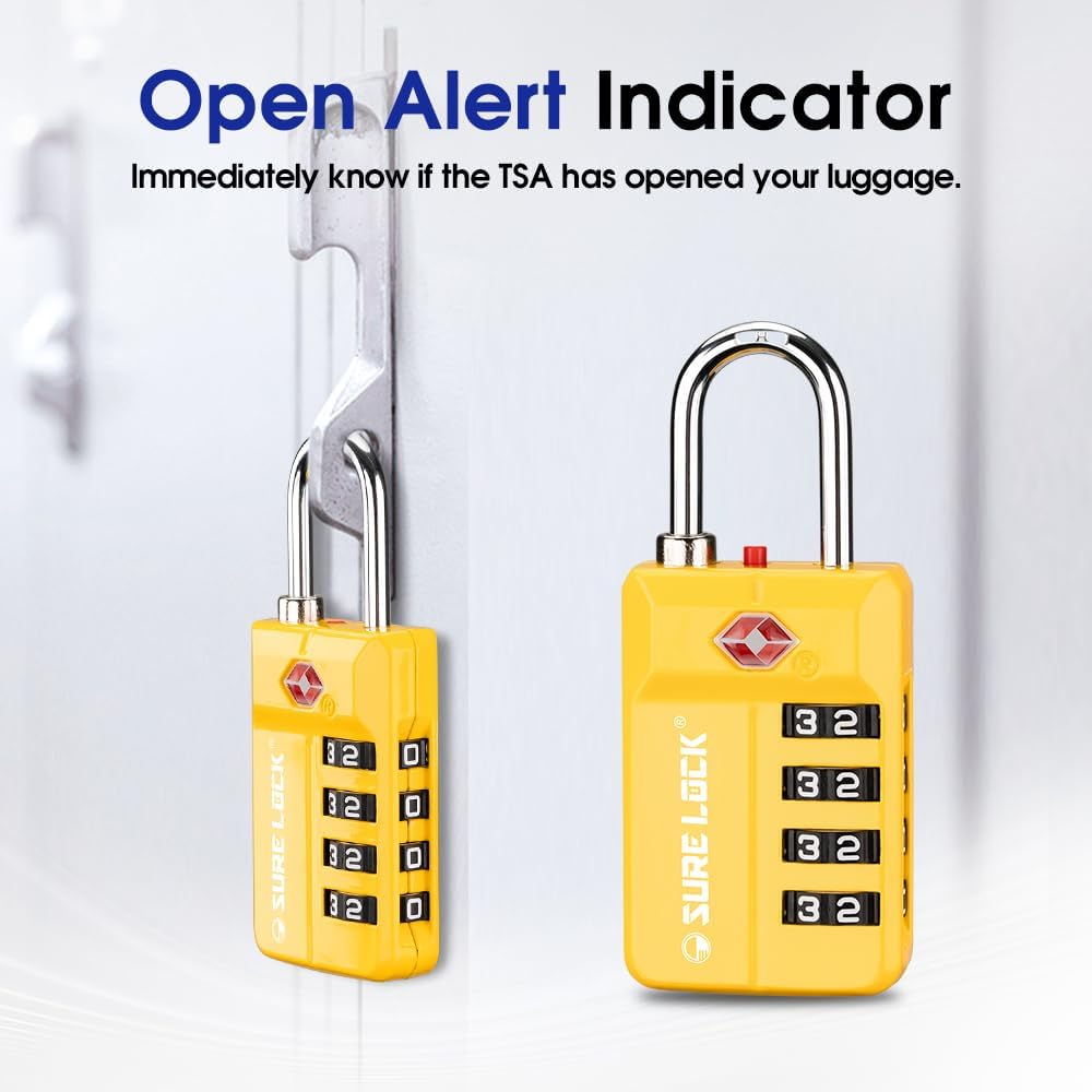 SURE LOCK TSA Approved 4-Digit Resettable Combination Luggage Lock with Open Alert, Easy-Read Dials - for Luggage, School Lockers, Gym, Office, Toolbox & Security Cases (Black 1 Pack)