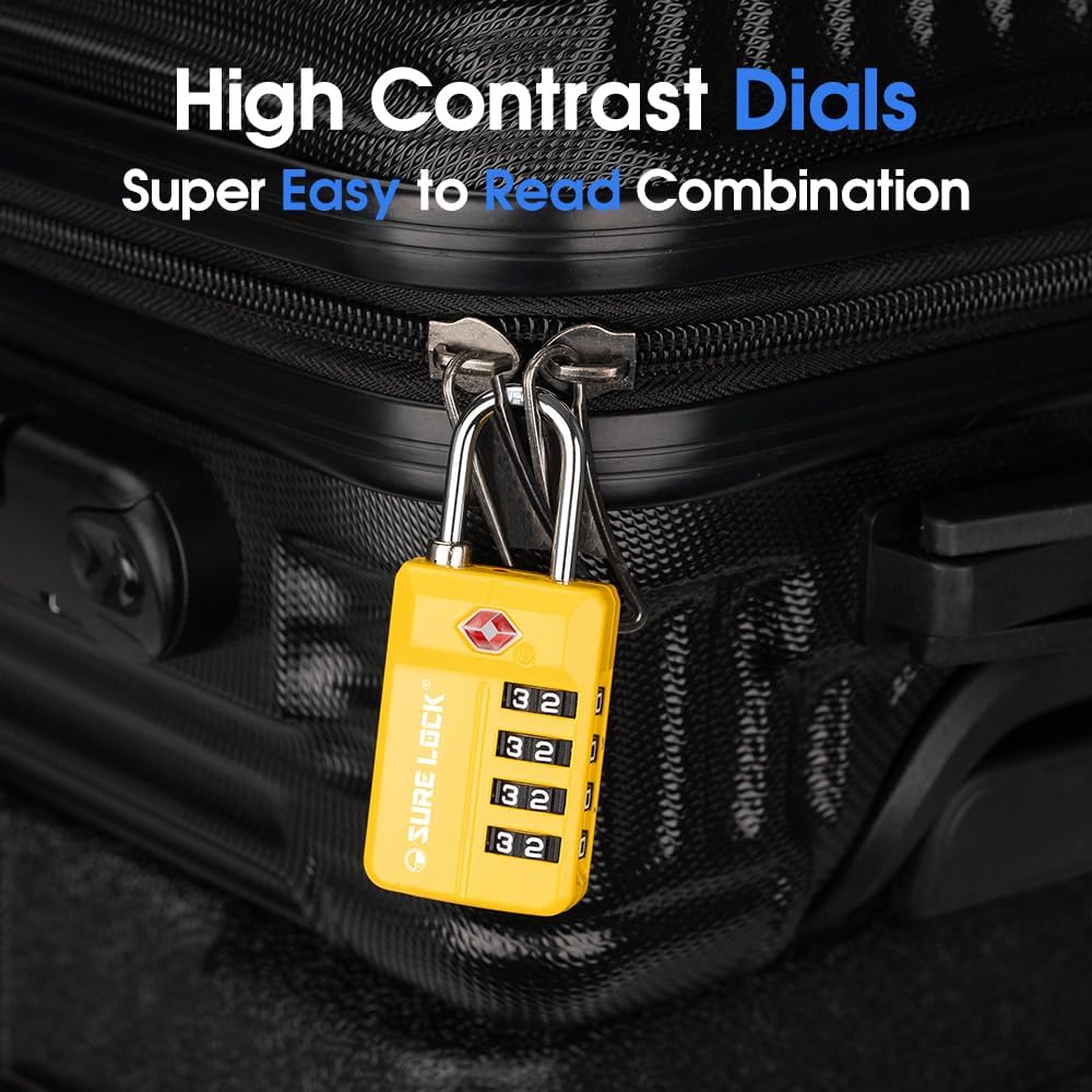 SURE LOCK TSA Approved 4-Digit Resettable Combination Luggage Lock with Open Alert, Easy-Read Dials - for Luggage, School Lockers, Gym, Office, Toolbox & Security Cases (Black 1 Pack)