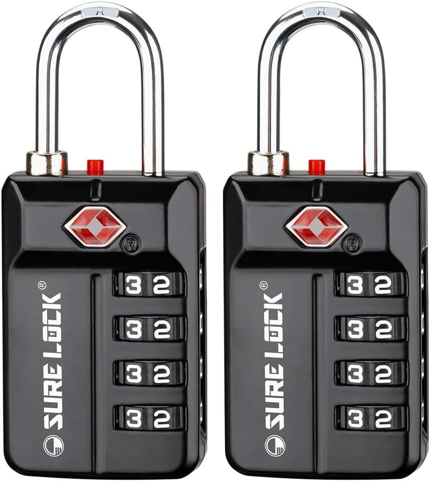 SURE LOCK TSA Approved 4-Digit Resettable Combination Luggage Lock with Open Alert, Easy-Read Dials - for Luggage, School Lockers, Gym, Office, Toolbox & Security Cases (Black 1 Pack)