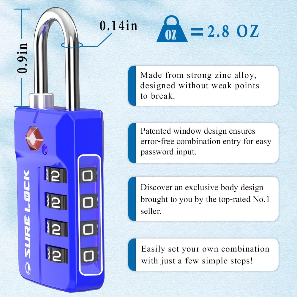 SURE LOCK TSA Approved 4-Digit Resettable Combination Luggage Lock with Open Alert, Easy-Read Dials - for Luggage, School Lockers, Gym, Office, Toolbox & Security Cases (Black 1 Pack)