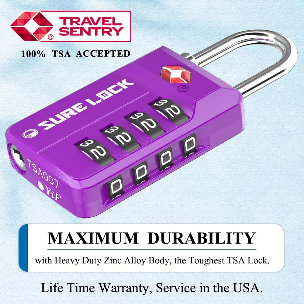 SURE LOCK TSA Approved 4-Digit Resettable Combination Luggage Lock with Open Alert, Easy-Read Dials - for Luggage, School Lockers, Gym, Office, Toolbox & Security Cases (Black 1 Pack)