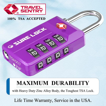 SURE LOCK TSA Approved 4-Digit Resettable Combination Luggage Lock with Open Alert, Easy-Read Dials - for Luggage, School Lockers, Gym, Office, Toolbox & Security Cases (Black 1 Pack)