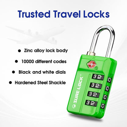 SURE LOCK TSA Approved 4-Digit Resettable Combination Luggage Lock with Open Alert, Easy-Read Dials - for Luggage, School Lockers, Gym, Office, Toolbox & Security Cases (Black 1 Pack)