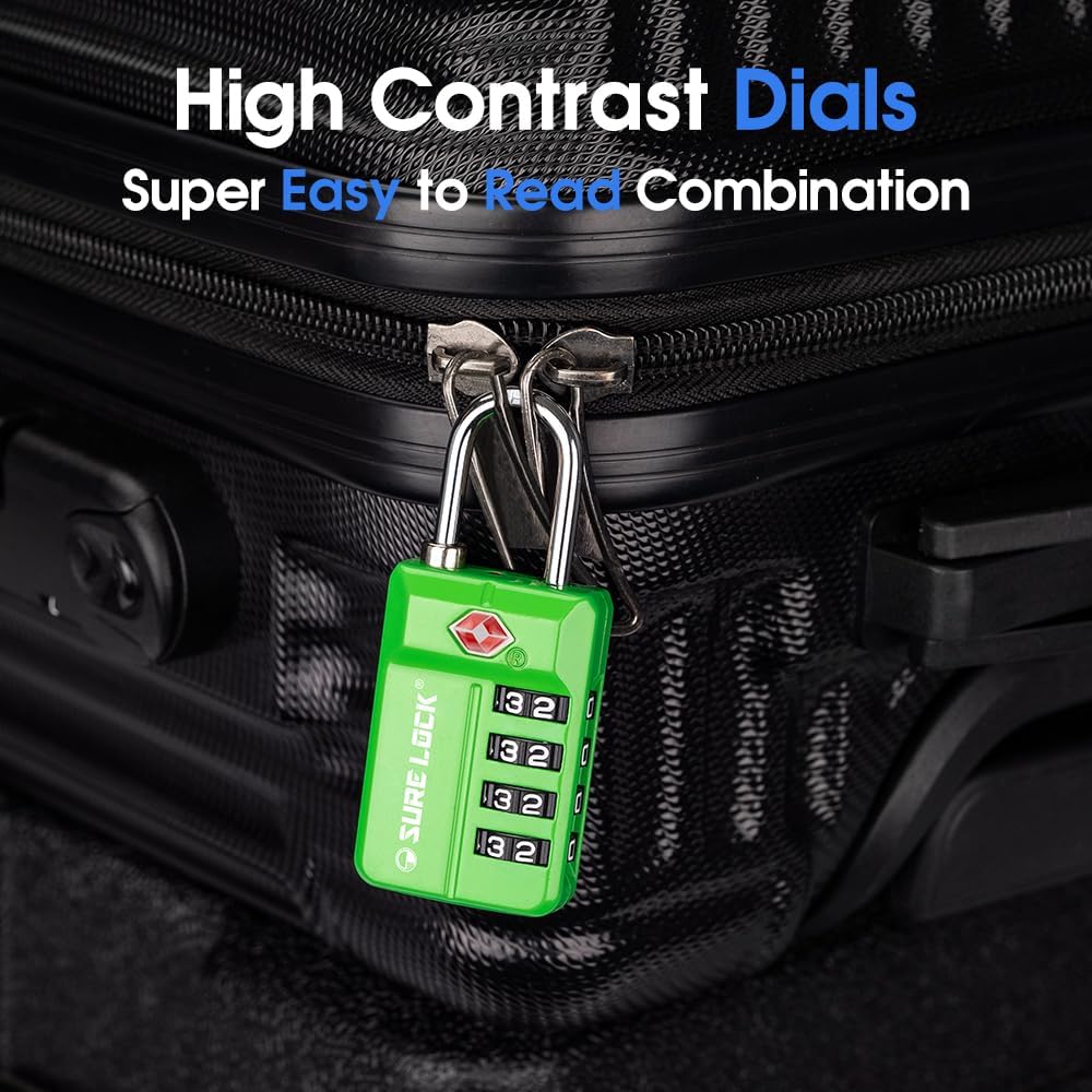 SURE LOCK TSA Approved 4-Digit Resettable Combination Luggage Lock with Open Alert, Easy-Read Dials - for Luggage, School Lockers, Gym, Office, Toolbox & Security Cases (Black 1 Pack)