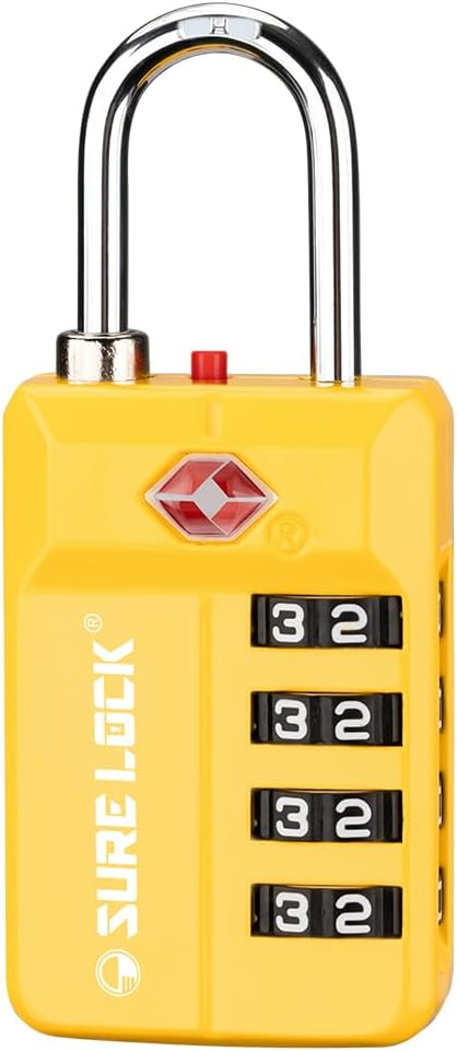 SURE LOCK TSA Approved 4-Digit Resettable Combination Luggage Lock with Open Alert, Easy-Read Dials - for Luggage, School Lockers, Gym, Office, Toolbox & Security Cases (Black 1 Pack)