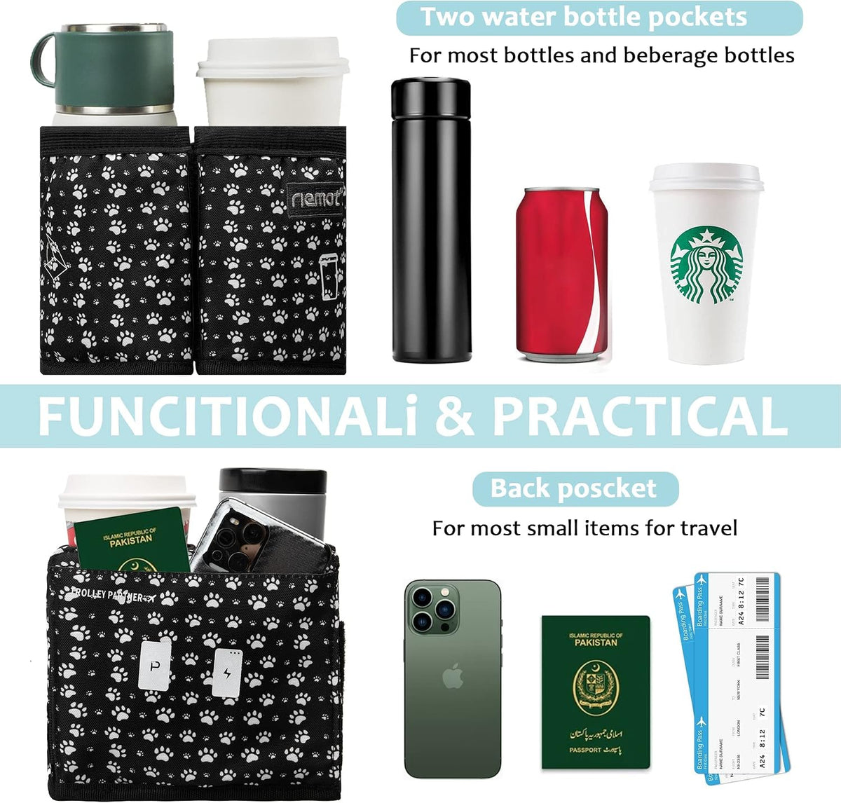 Luggage Travel Cup Holder Free Hand Drink Caddy - Hold Two Coffee Mugs - Fits Roll on Most Suitcase Handles - Gifts for Flight Attendants &Frequent Travelers Accessories Black