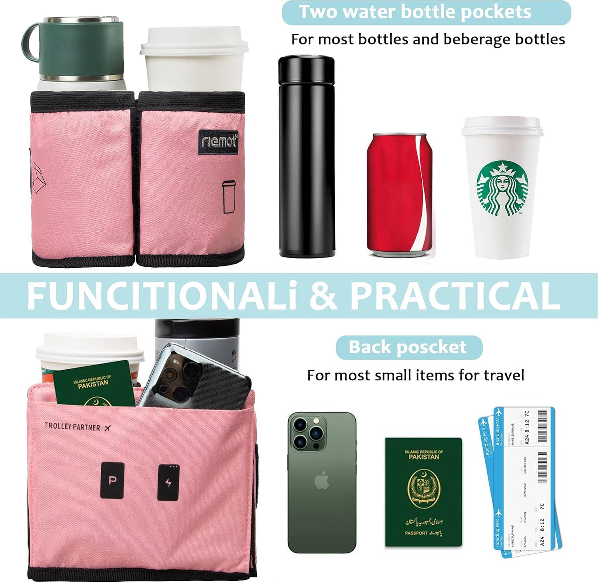 Luggage Travel Cup Holder Free Hand Drink Caddy - Hold Two Coffee Mugs - Fits Roll on Most Suitcase Handles - Gifts for Flight Attendants &Frequent Travelers Accessories Black