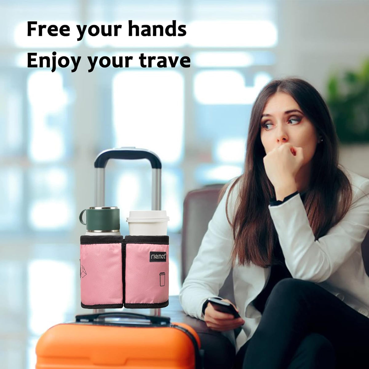 Luggage Travel Cup Holder Free Hand Drink Caddy - Hold Two Coffee Mugs - Fits Roll on Most Suitcase Handles - Gifts for Flight Attendants &Frequent Travelers Accessories Black