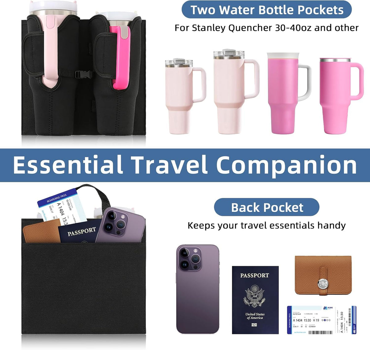 Luggage Cup Holder for Suitcases, Compatible with 30-40 Oz Stanley Tumblers, Foldable Luggage Cup Holder with Phone & Ticket Pocket, Waterproof Hands-Free Travel Accessory (Black)