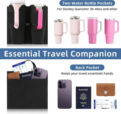 Luggage Cup Holder for Suitcases, Compatible with 30-40 Oz Stanley Tumblers, Foldable Luggage Cup Holder with Phone & Ticket Pocket, Waterproof Hands-Free Travel Accessory (Black)