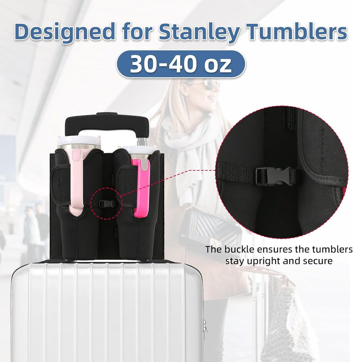 Luggage Cup Holder for Suitcases, Compatible with 30-40 Oz Stanley Tumblers, Foldable Luggage Cup Holder with Phone & Ticket Pocket, Waterproof Hands-Free Travel Accessory (Black)