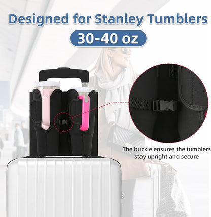 Luggage Cup Holder for Suitcases, Compatible with 30-40 Oz Stanley Tumblers, Foldable Luggage Cup Holder with Phone & Ticket Pocket, Waterproof Hands-Free Travel Accessory (Black)