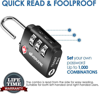 TSA Approved Travel Luggage Locks, Combination Lock Alloy Body, Keyless 3-Digit Padlocks, Travel Sentry Accepted Compatible Padlock for Gym Locker, Golf Bag Case, Backpack, Black