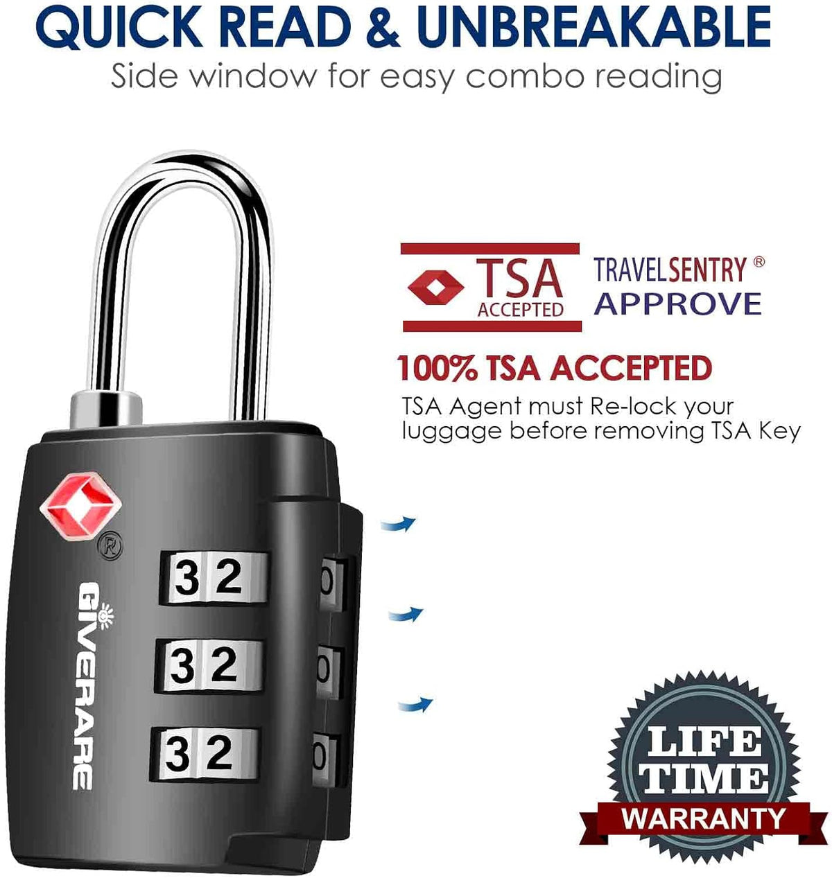 TSA Approved Travel Luggage Locks, Combination Lock Alloy Body, Keyless 3-Digit Padlocks, Travel Sentry Accepted Compatible Padlock for Gym Locker, Golf Bag Case, Backpack, Black