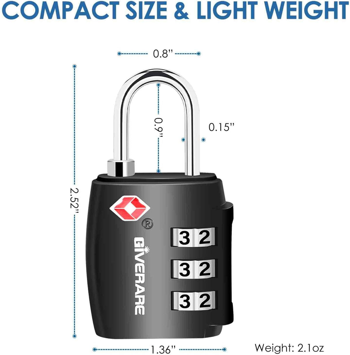 TSA Approved Travel Luggage Locks, Combination Lock Alloy Body, Keyless 3-Digit Padlocks, Travel Sentry Accepted Compatible Padlock for Gym Locker, Golf Bag Case, Backpack, Black