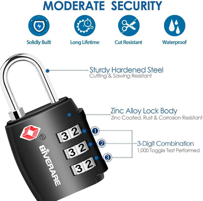 TSA Approved Travel Luggage Locks, Combination Lock Alloy Body, Keyless 3-Digit Padlocks, Travel Sentry Accepted Compatible Padlock for Gym Locker, Golf Bag Case, Backpack, Black