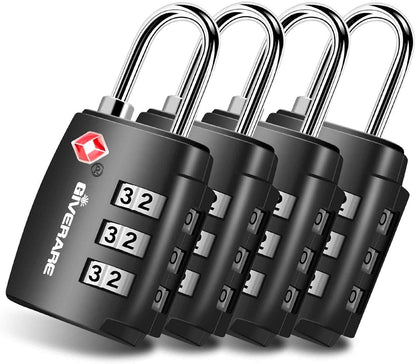 TSA Approved Travel Luggage Locks, Combination Lock Alloy Body, Keyless 3-Digit Padlocks, Travel Sentry Accepted Compatible Padlock for Gym Locker, Golf Bag Case, Backpack, Black