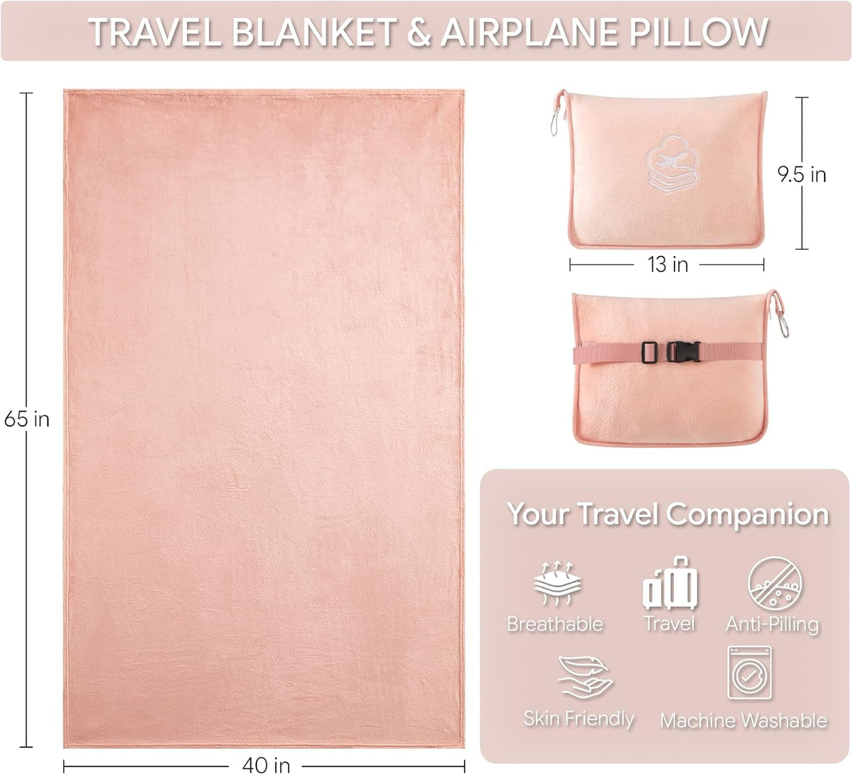 Travel Blanket, Soft 2-in-1 Airplane Blanket, 65x40 Inches, Travel Blanket Airplane Compact with Bag, Car Blanket with Luggage Sleeve & Backpack Clip (Light Grey)