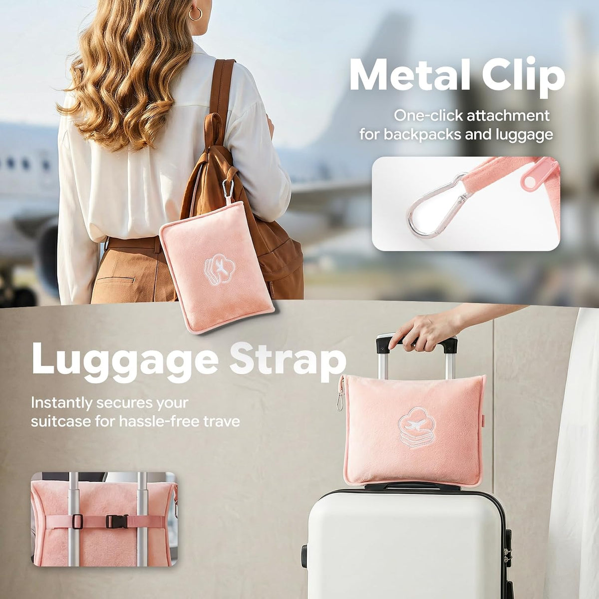 Travel Blanket, Soft 2-in-1 Airplane Blanket, 65x40 Inches, Travel Blanket Airplane Compact with Bag, Car Blanket with Luggage Sleeve & Backpack Clip (Light Grey)