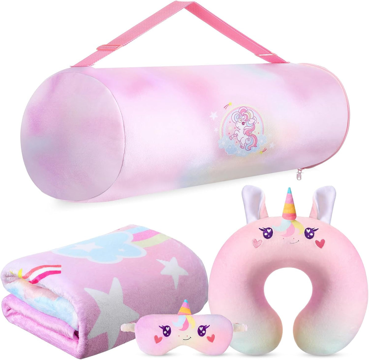 4 Pcs Unicorn Travel Pillow and Blanket Set for Kids, Girls Gifts