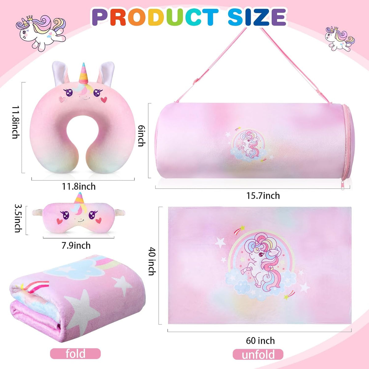 4 Pcs Unicorn Travel Pillow and Blanket Set for Kids, Girls Gifts