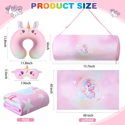4 Pcs Unicorn Travel Pillow and Blanket Set for Kids, Girls Gifts