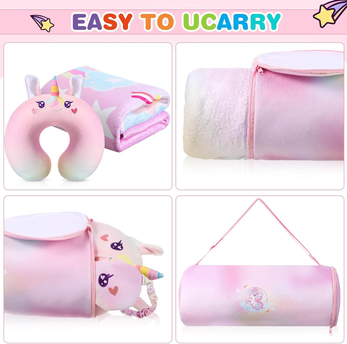 4 Pcs Unicorn Travel Pillow and Blanket Set for Kids, Girls Gifts