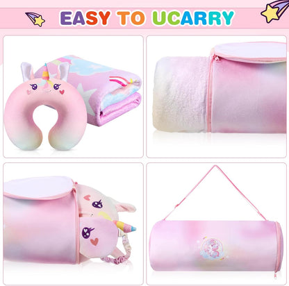 4 Pcs Unicorn Travel Pillow and Blanket Set for Kids, Girls Gifts