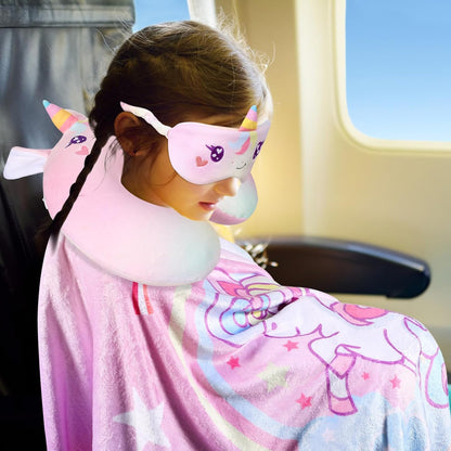 4 Pcs Unicorn Travel Pillow and Blanket Set for Kids, Girls Gifts