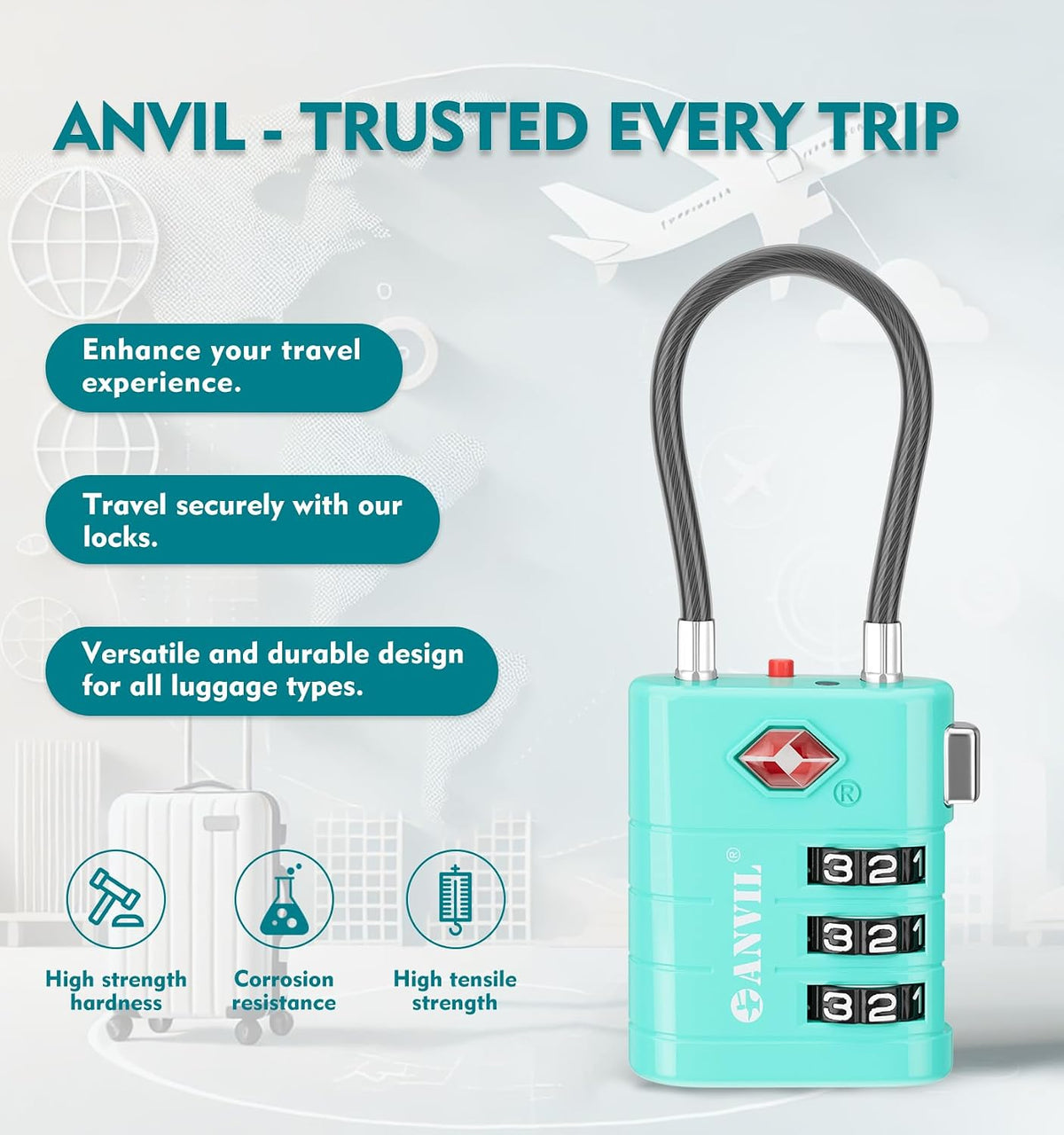 TSA Approved Luggage Locks – High Security TSA008 Combination Travel Locks with Inspection Indicator for Suitcases and Backpacks. (2, Cyan)