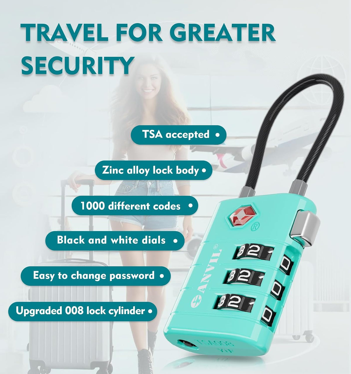 TSA Approved Luggage Locks – High Security TSA008 Combination Travel Locks with Inspection Indicator for Suitcases and Backpacks. (2, Cyan)