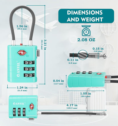 TSA Approved Luggage Locks – High Security TSA008 Combination Travel Locks with Inspection Indicator for Suitcases and Backpacks. (2, Cyan)