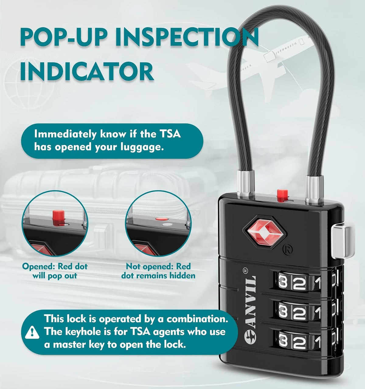 TSA Approved Luggage Locks – High Security TSA008 Combination Travel Locks with Inspection Indicator for Suitcases and Backpacks. (2, Cyan)