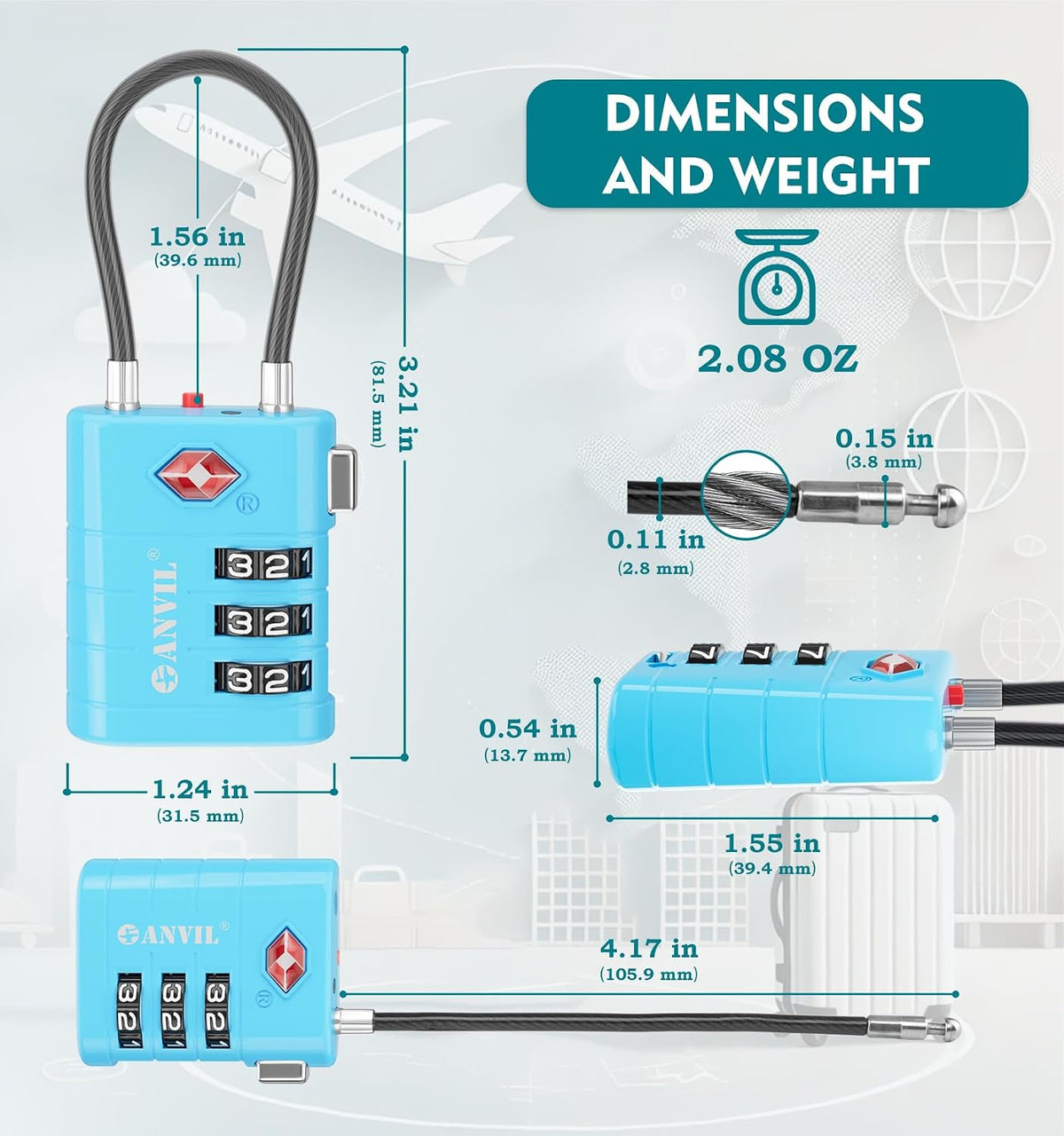 TSA Approved Luggage Locks – High Security TSA008 Combination Travel Locks with Inspection Indicator for Suitcases and Backpacks. (2, Cyan)