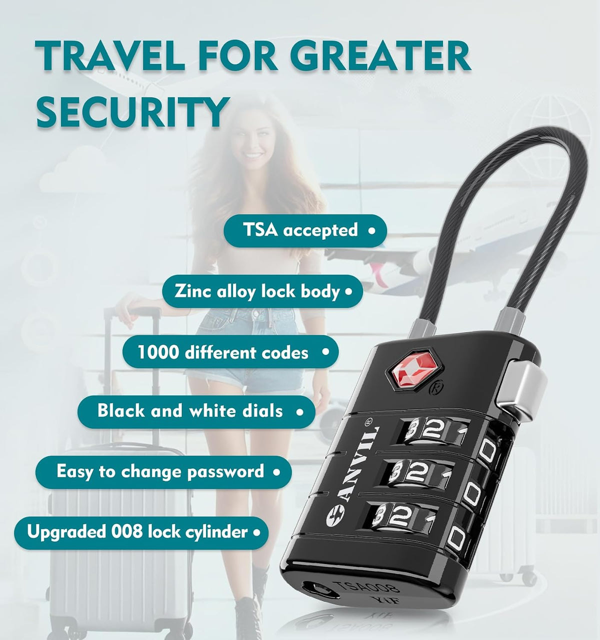 TSA Approved Luggage Locks – High Security TSA008 Combination Travel Locks with Inspection Indicator for Suitcases and Backpacks. (2, Cyan)