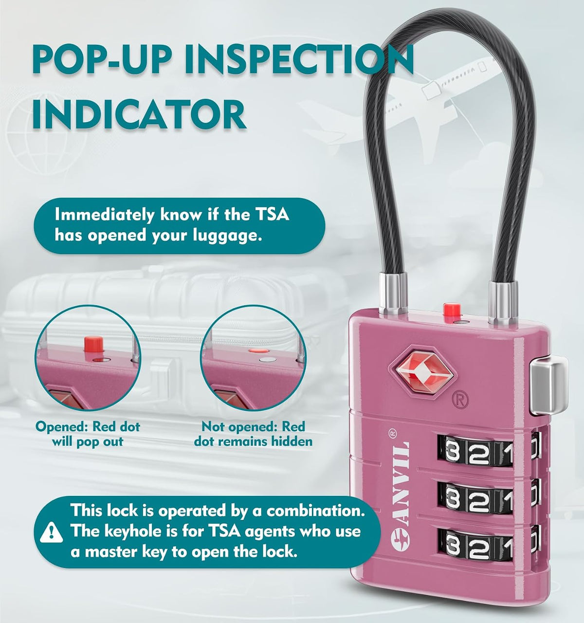 TSA Approved Luggage Locks – High Security TSA008 Combination Travel Locks with Inspection Indicator for Suitcases and Backpacks. (2, Cyan)