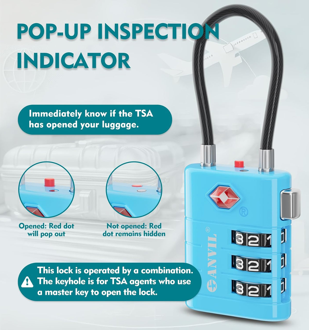 TSA Approved Luggage Locks – High Security TSA008 Combination Travel Locks with Inspection Indicator for Suitcases and Backpacks. (2, Cyan)