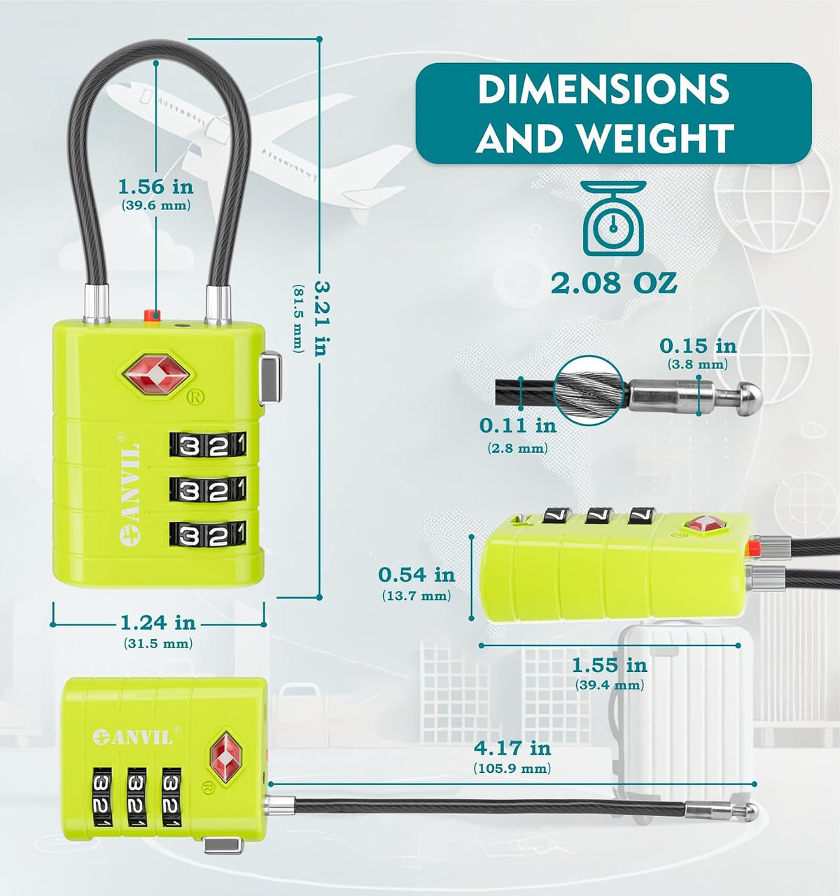 TSA Approved Luggage Locks – High Security TSA008 Combination Travel Locks with Inspection Indicator for Suitcases and Backpacks. (2, Cyan)