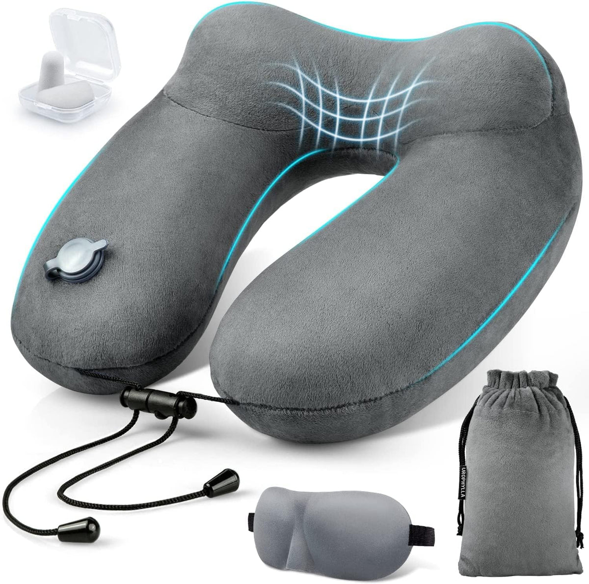 Inflatable Travel Neck Pillow for Airplanes, Super Soft Velvet Neck Support, Adjustable Firmness, Blow Up Plane Pillow for Long Flights, Road Trips, Travel Essentials with Eye Mask, Earplug