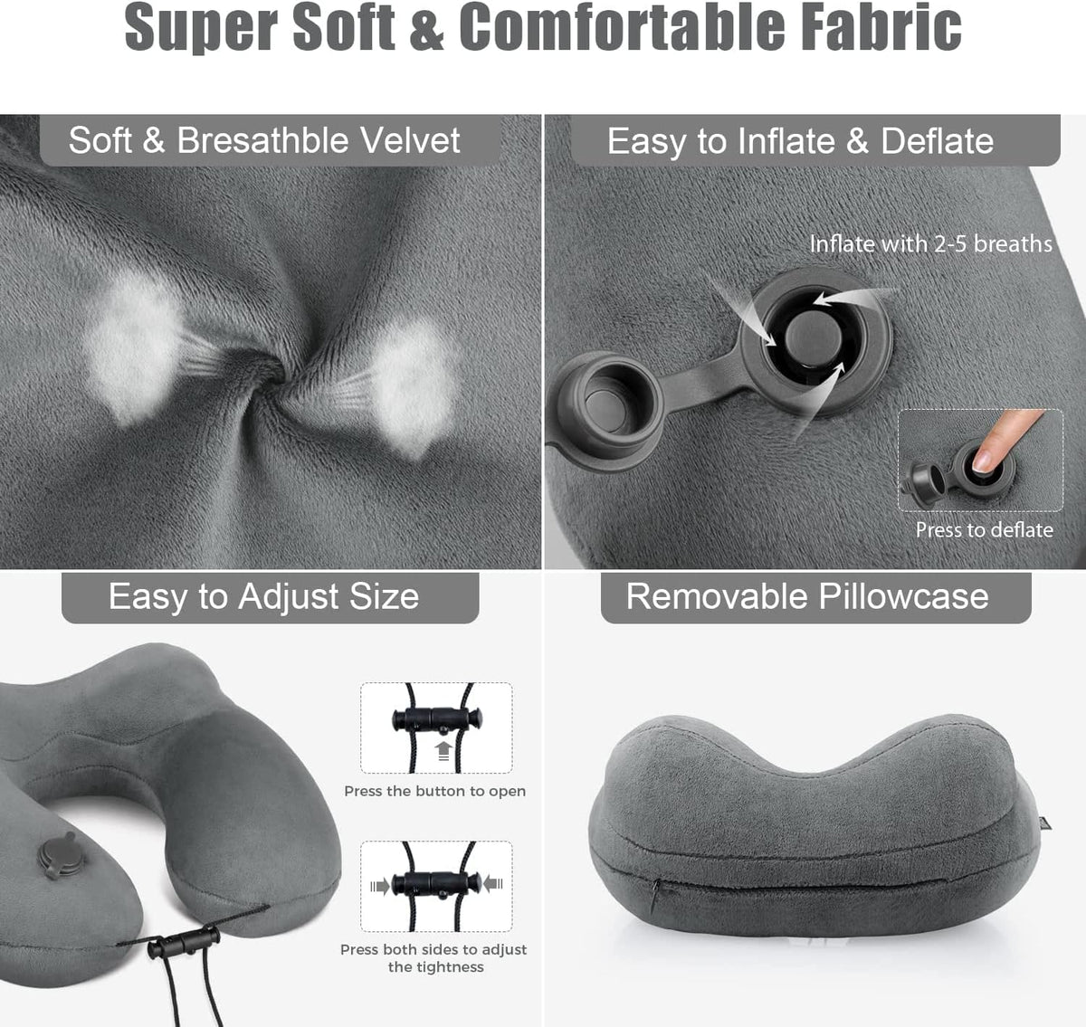 Inflatable Travel Neck Pillow for Airplanes, Super Soft Velvet Neck Support, Adjustable Firmness, Blow Up Plane Pillow for Long Flights, Road Trips, Travel Essentials with Eye Mask, Earplug