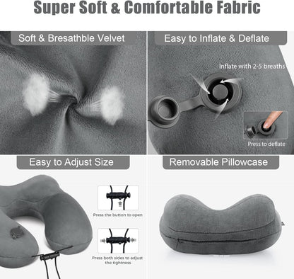 Inflatable Travel Neck Pillow for Airplanes, Super Soft Velvet Neck Support, Adjustable Firmness, Blow Up Plane Pillow for Long Flights, Road Trips, Travel Essentials with Eye Mask, Earplug