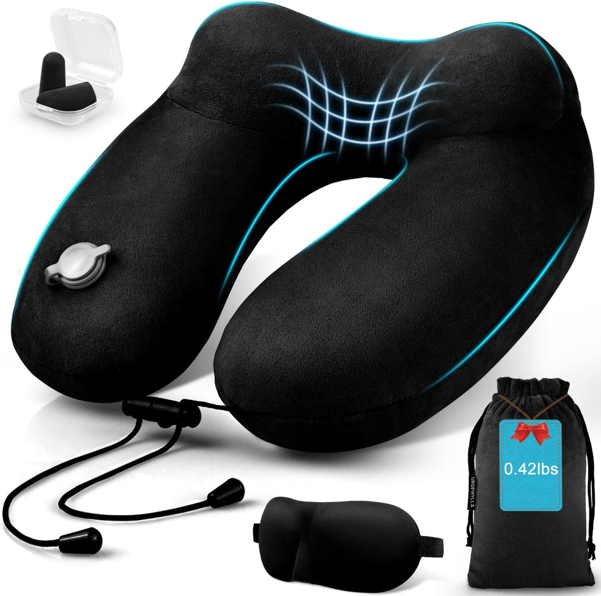 Inflatable Travel Neck Pillow for Airplanes, Super Soft Velvet Neck Support, Adjustable Firmness, Blow Up Plane Pillow for Long Flights, Road Trips, Travel Essentials with Eye Mask, Earplug