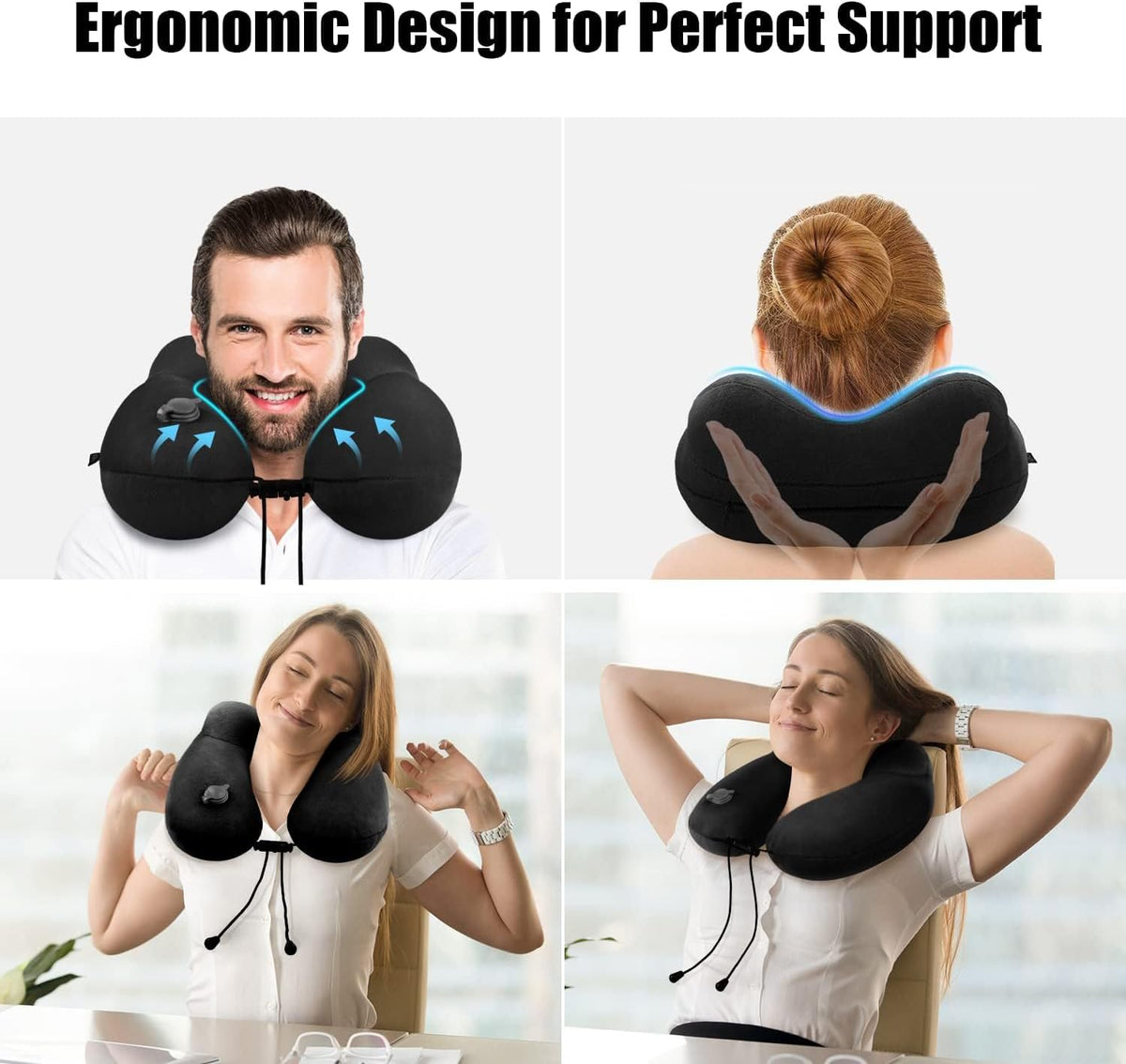 Inflatable Travel Neck Pillow for Airplanes, Super Soft Velvet Neck Support, Adjustable Firmness, Blow Up Plane Pillow for Long Flights, Road Trips, Travel Essentials with Eye Mask, Earplug