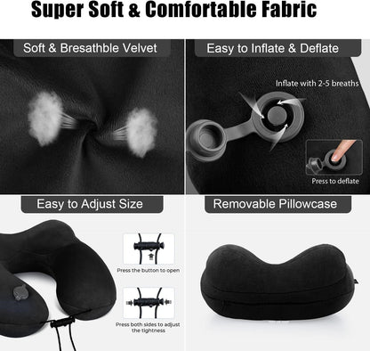 Inflatable Travel Neck Pillow for Airplanes, Super Soft Velvet Neck Support, Adjustable Firmness, Blow Up Plane Pillow for Long Flights, Road Trips, Travel Essentials with Eye Mask, Earplug