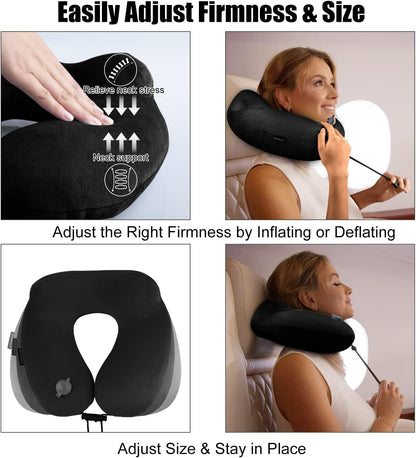Inflatable Travel Neck Pillow for Airplanes, Super Soft Velvet Neck Support, Adjustable Firmness, Blow Up Plane Pillow for Long Flights, Road Trips, Travel Essentials with Eye Mask, Earplug