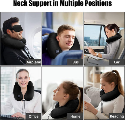 Inflatable Travel Neck Pillow for Airplanes, Super Soft Velvet Neck Support, Adjustable Firmness, Blow Up Plane Pillow for Long Flights, Road Trips, Travel Essentials with Eye Mask, Earplug