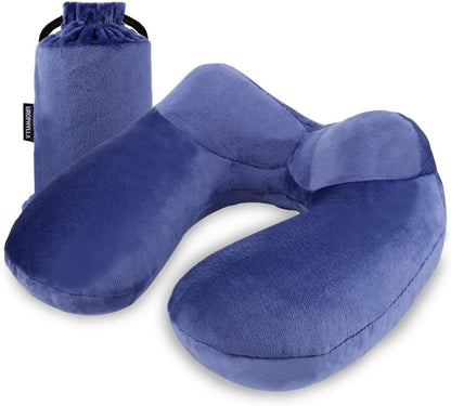 Inflatable Travel Neck Pillow for Airplanes, Super Soft Velvet Neck Support, Adjustable Firmness, Blow Up Plane Pillow for Long Flights, Road Trips, Travel Essentials with Eye Mask, Earplug