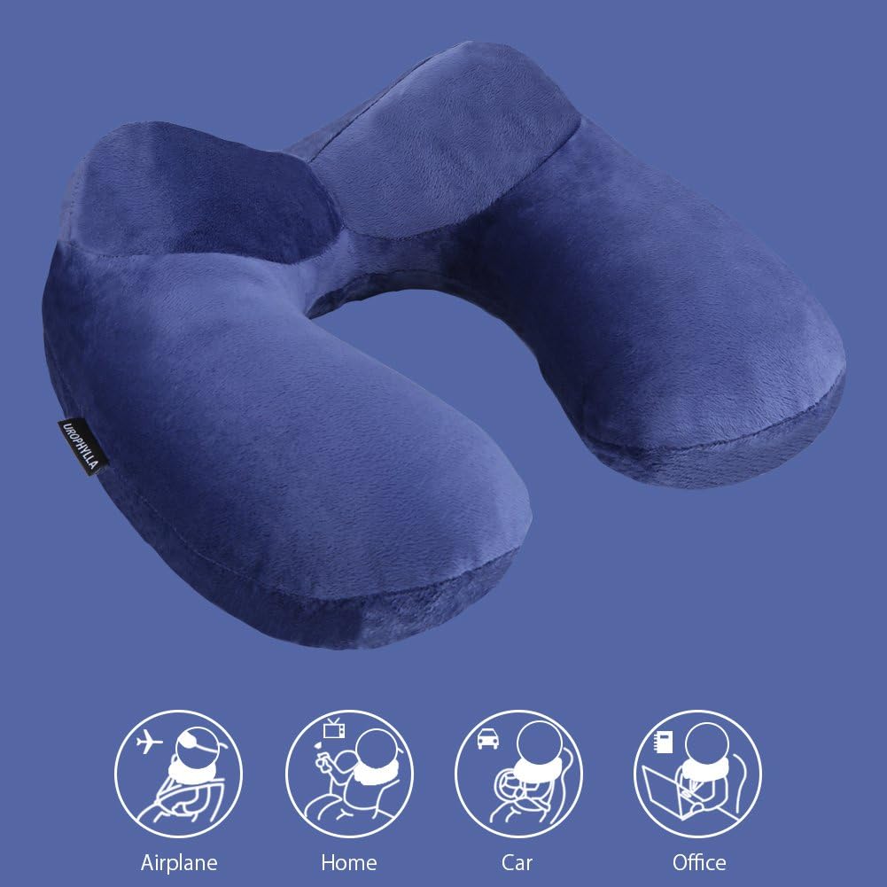 Inflatable Travel Neck Pillow for Airplanes, Super Soft Velvet Neck Support, Adjustable Firmness, Blow Up Plane Pillow for Long Flights, Road Trips, Travel Essentials with Eye Mask, Earplug