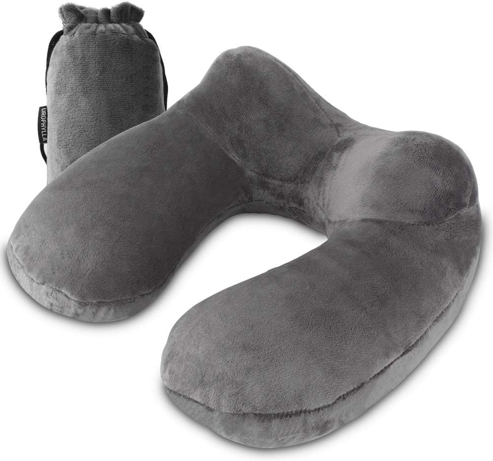 Inflatable Travel Neck Pillow for Airplanes, Super Soft Velvet Neck Support, Adjustable Firmness, Blow Up Plane Pillow for Long Flights, Road Trips, Travel Essentials with Eye Mask, Earplug
